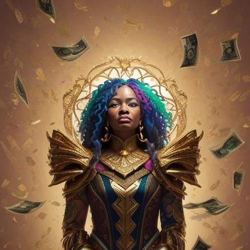 Woman in Flying Coffin Raining Money: Hyperrealistic Concept...