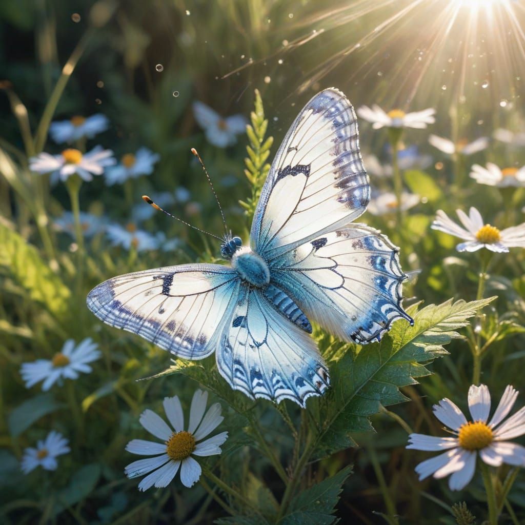 Iridescent White Butterfly on Dew-Kissed Leaf