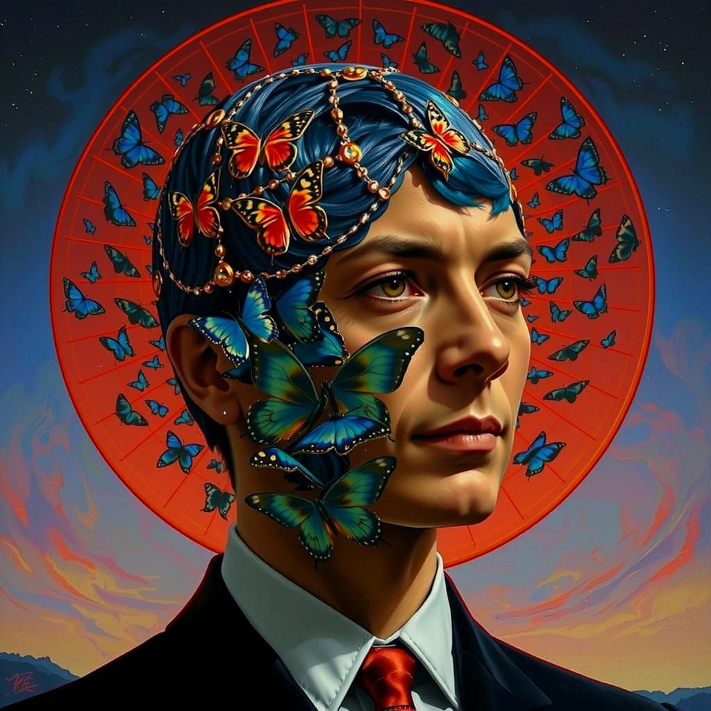 Regal Woman in Art Deco Style Amidst Psychedelic Vortex