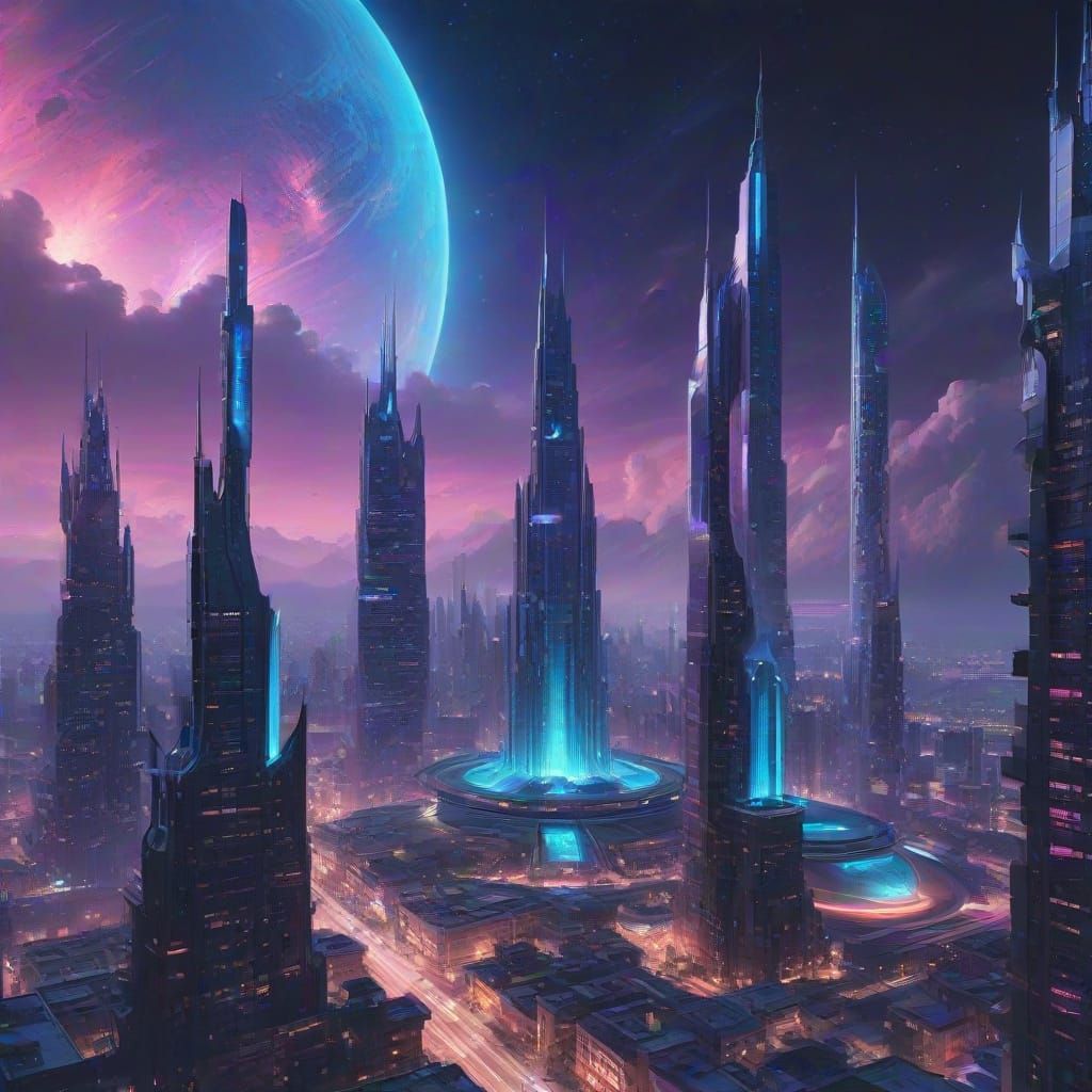 Ethereal Cyberpunk Metropolis in Cosmic Orbit
