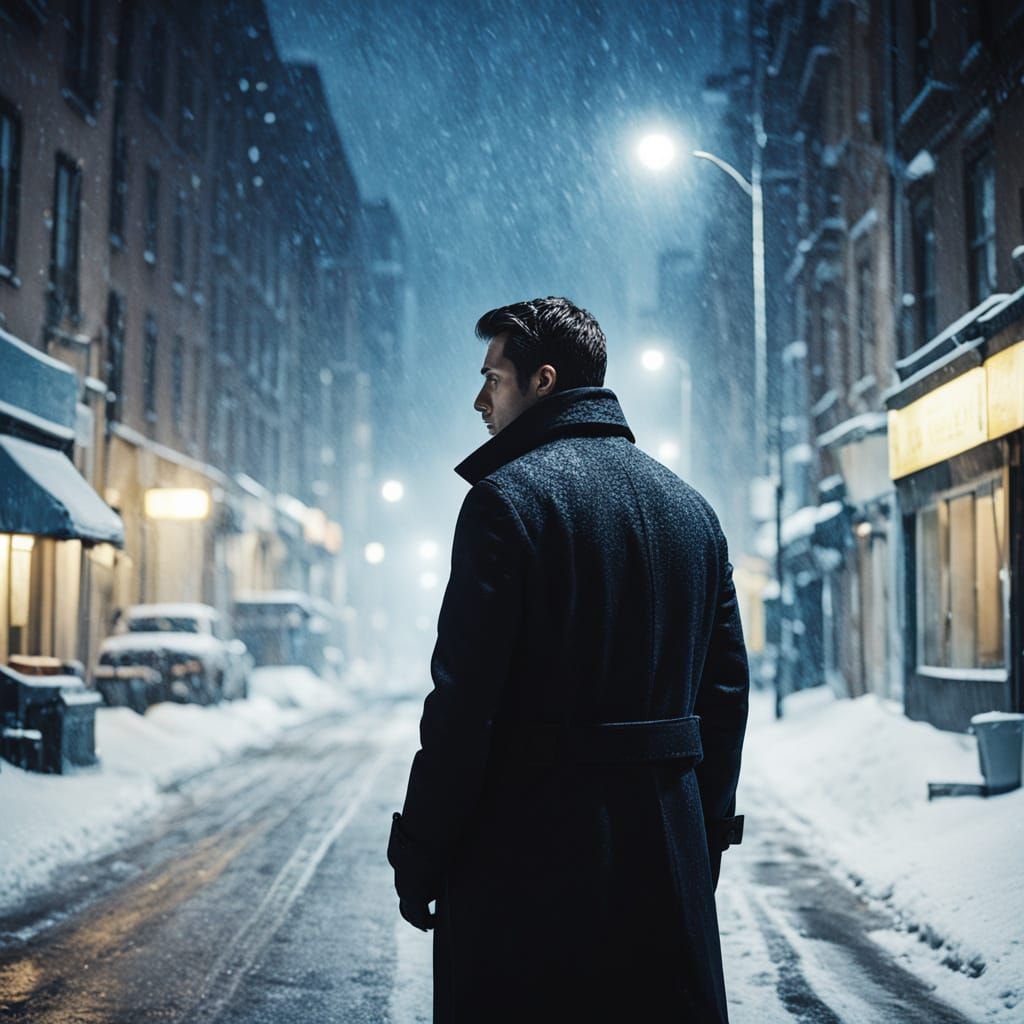 Man in Black Coat on Snowy City Street: Cinematic Film Still