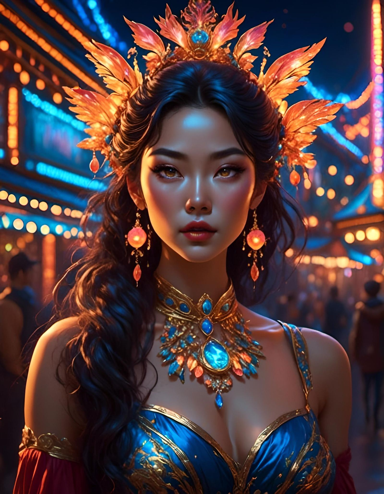 Chinese Woman at Carnival Night in Anime-Realism Style
