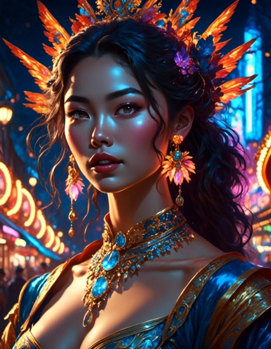 Chinese Woman at Carnival Night in Anime Realism