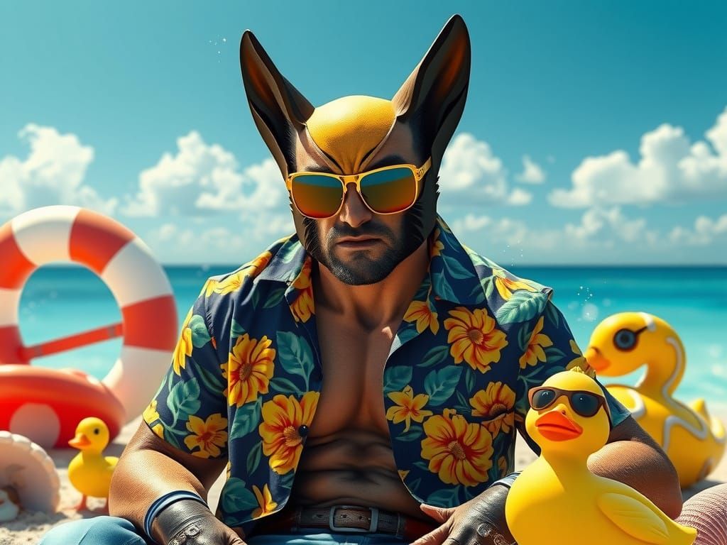 Wolverine on Vacation: A Klimt-Inspired Sci-Fi Beach Scene