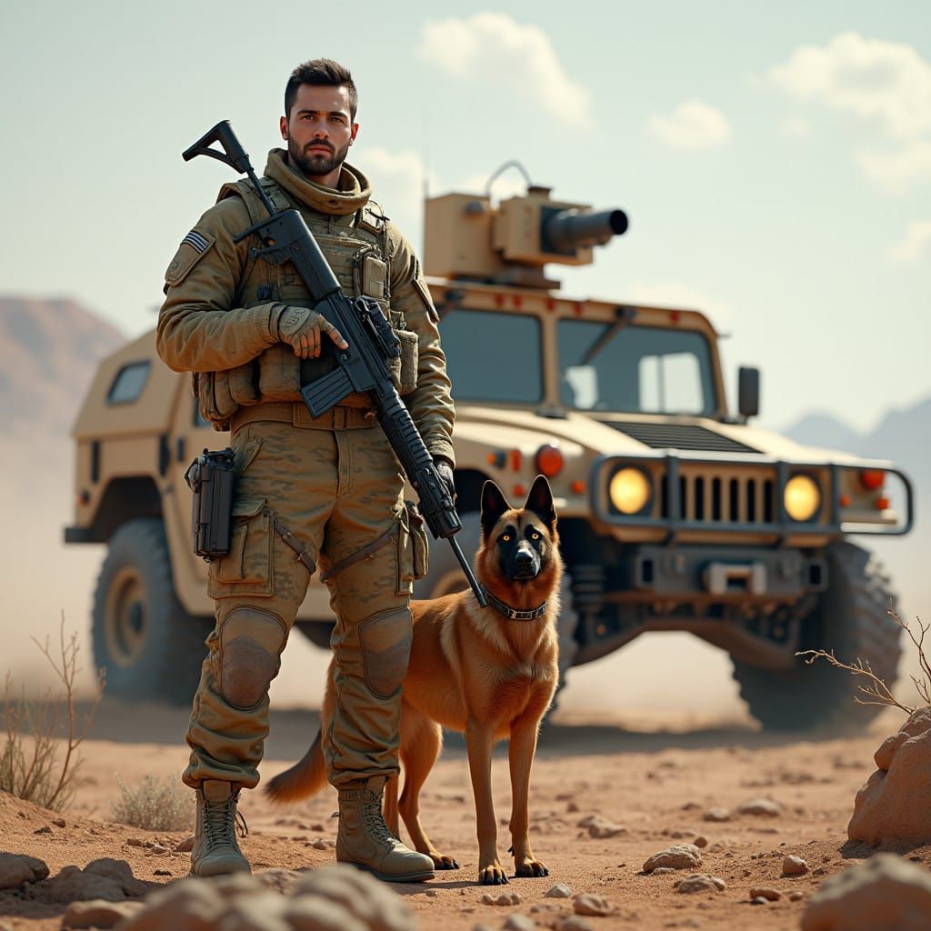 Soldier in Combat Gear Standing Tall with Belgian Malinois,...