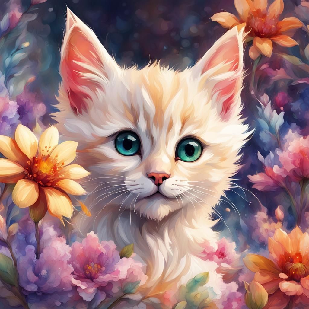 Blonde Kitten in Watercolor with Floral Background