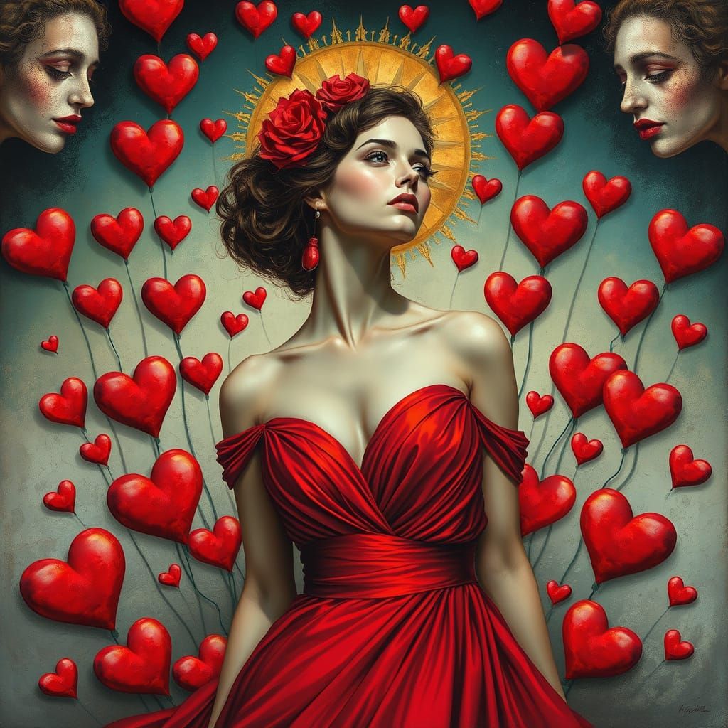 Surreal Woman in Red Dress with Hearts