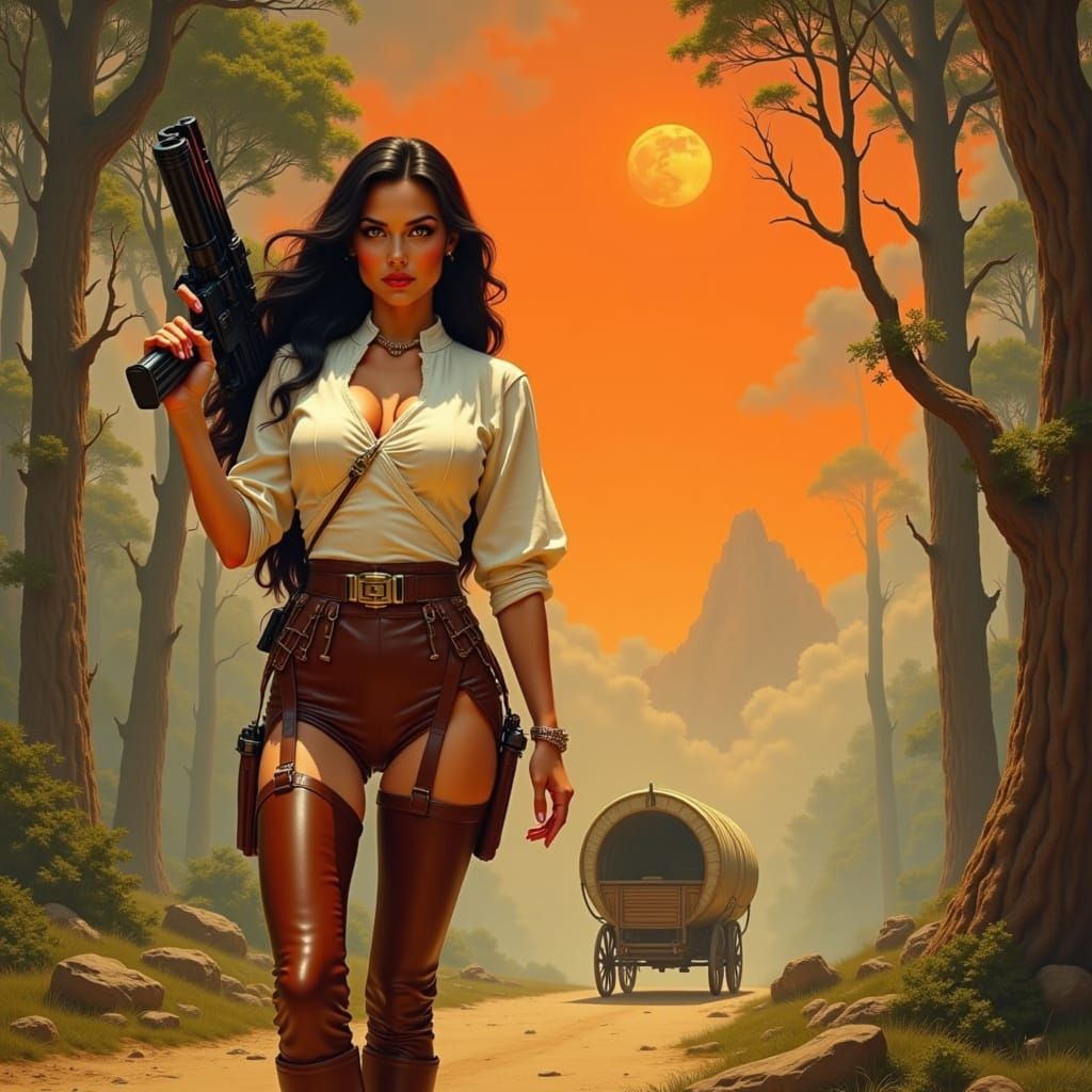 Impressionistic Sci-Fi Pin-Up of Dark-Haired Gypsy Bounty Hu...