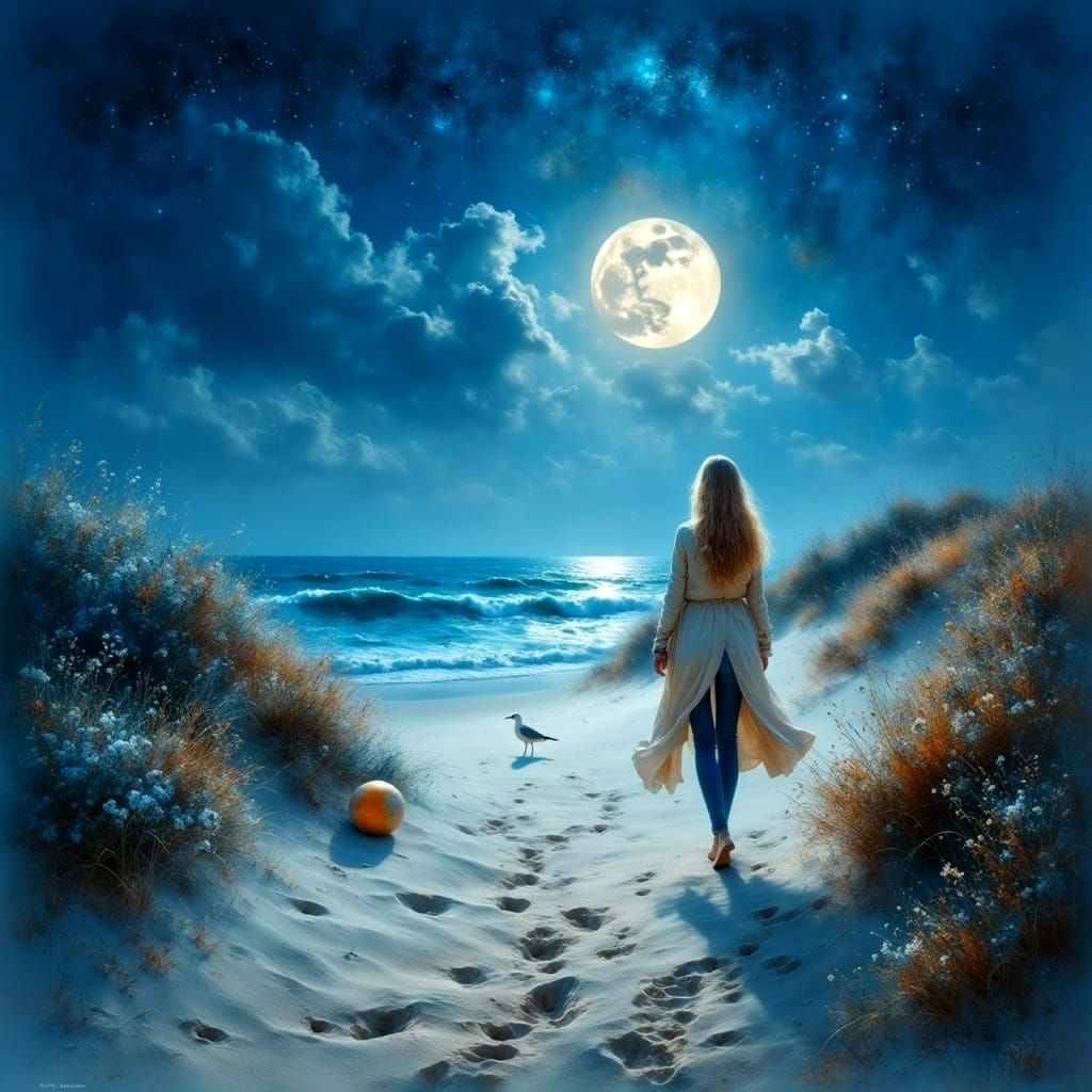 Ethereal Woman Stands Alone on Deserted Beach at Midnight