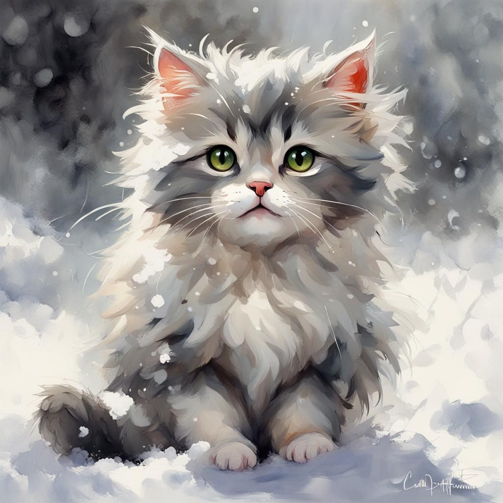 Chibi Grey Cat in Snow, Impressionistic Watercolor