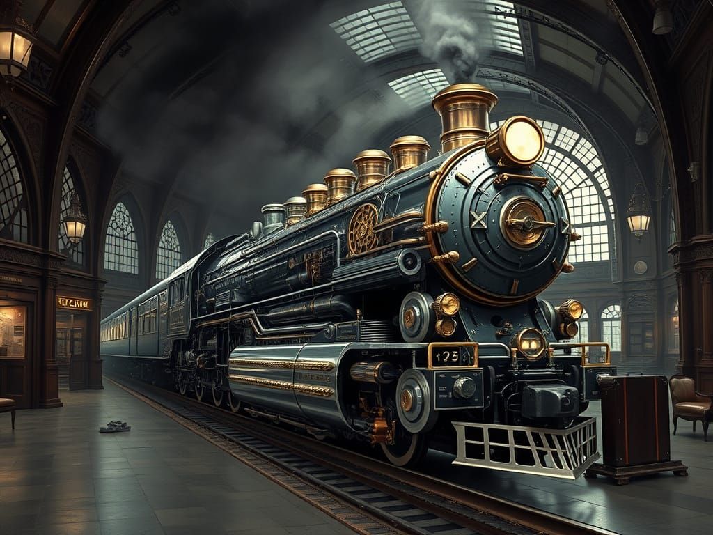 Majestic Decopunk Train Enters Steampunk Station in Dim Ligh...