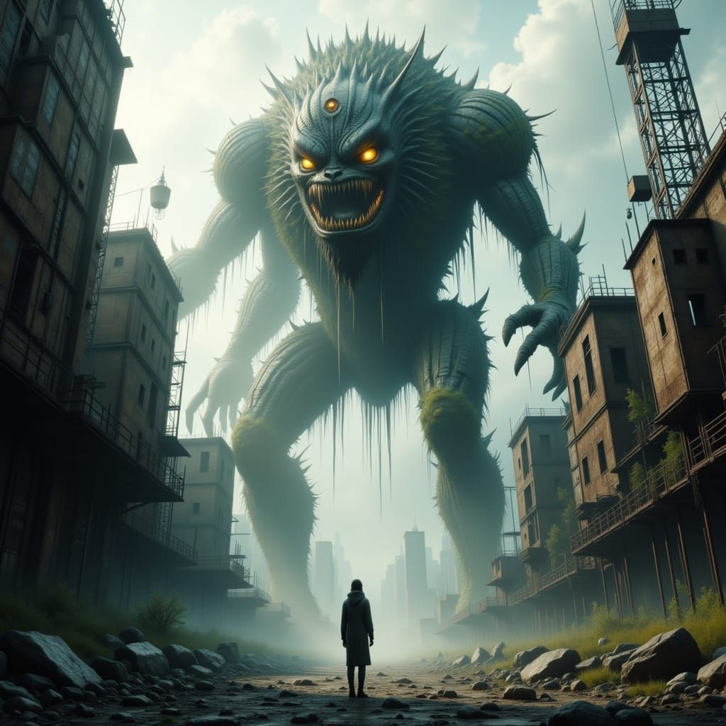 Majestic Mechanical Creature in Ruined City