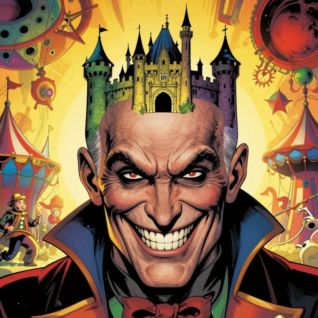 Bald Man With Antique Castle On Scalp in Comic Style