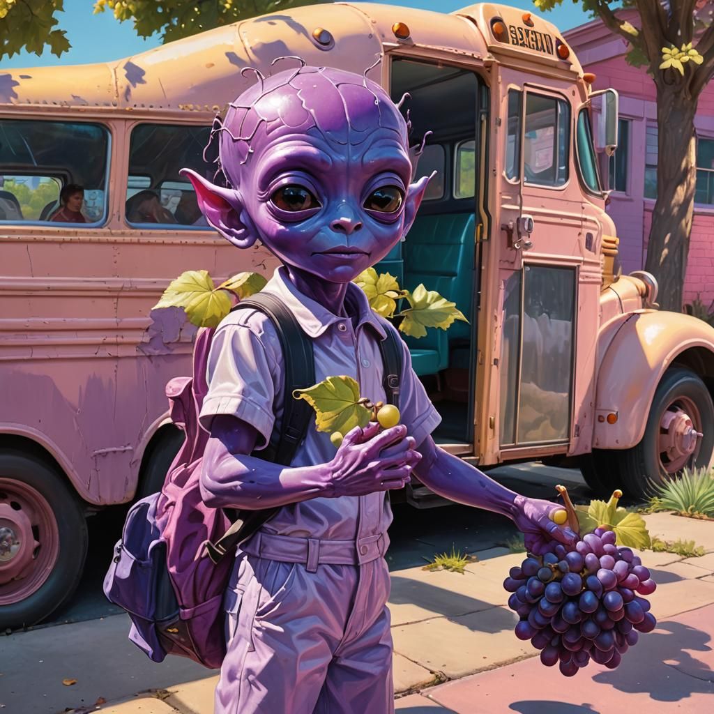 Alien Child with Grape near 1950s Bus