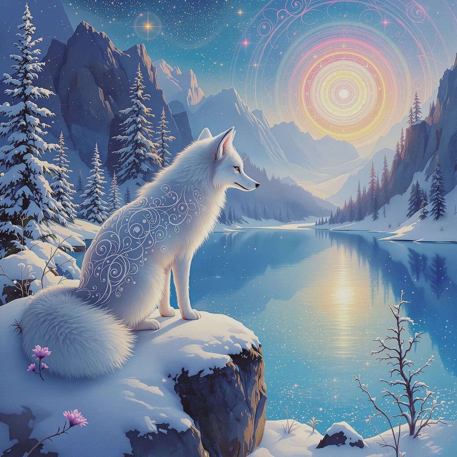 Whimsical Sunset Fox in Dreamlike Landscape
