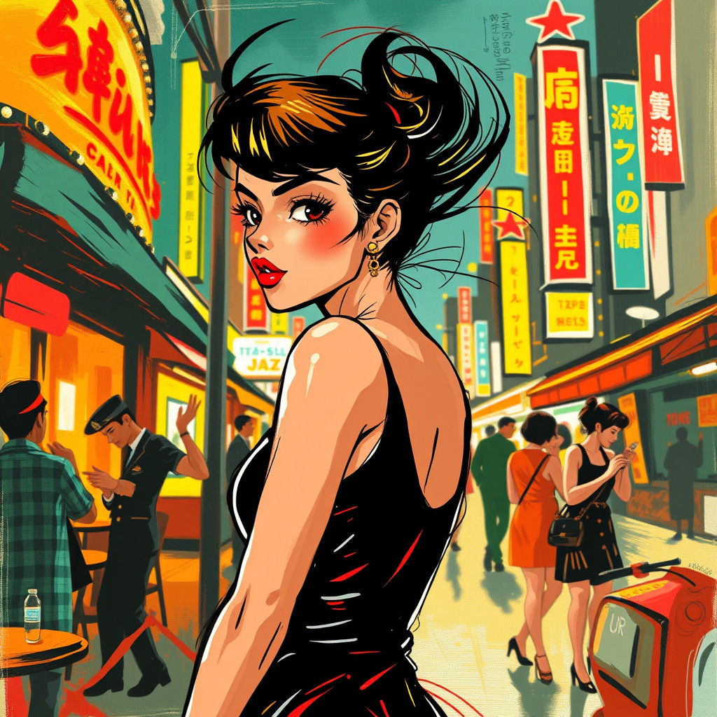 1960s Mod Girl Dancing in Anime Style