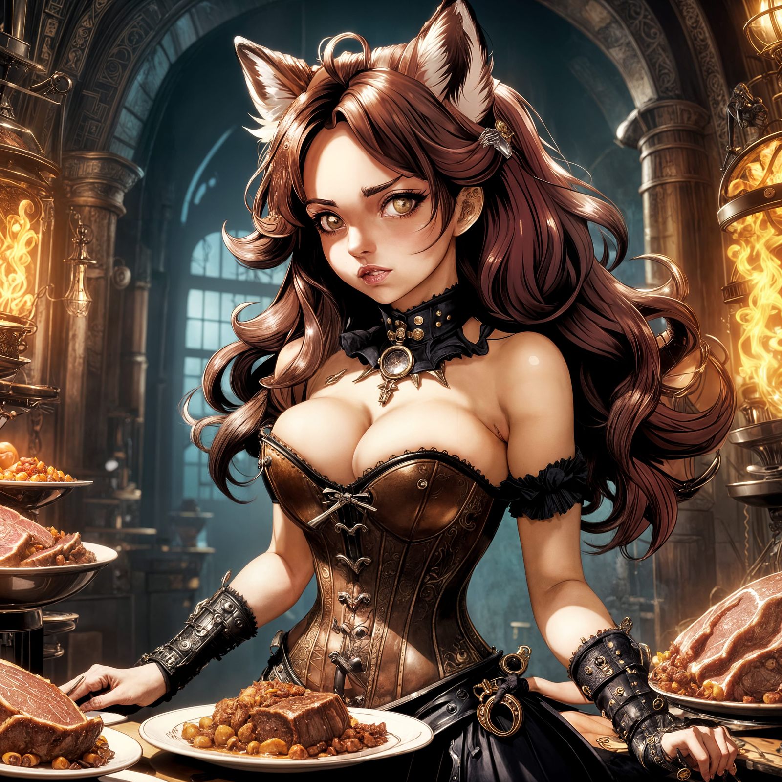 Gothic Steampunk Foxkin Woman Devours Feast