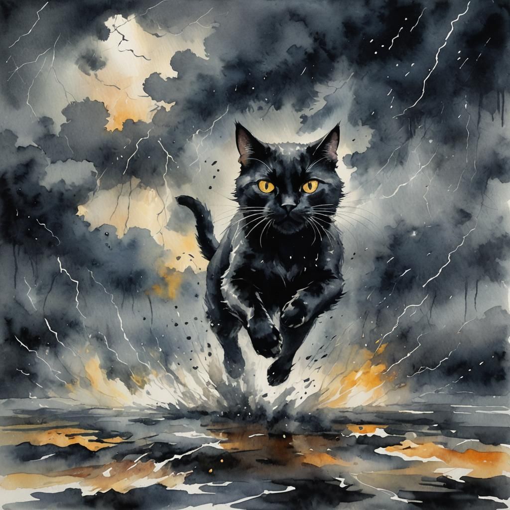 Black Cat in Watercolor Storm