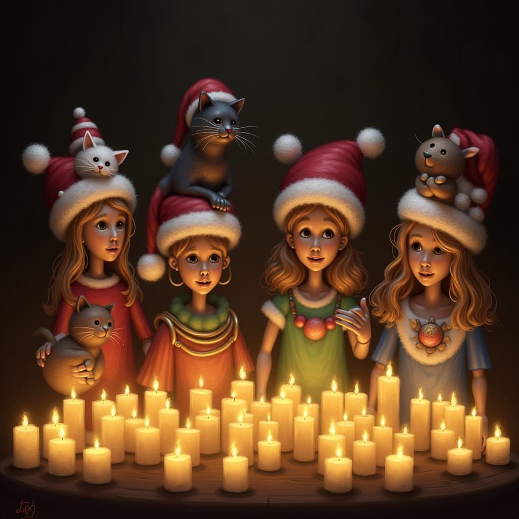 Beautiful Women with Cats and Candles in Fantasy Art Style