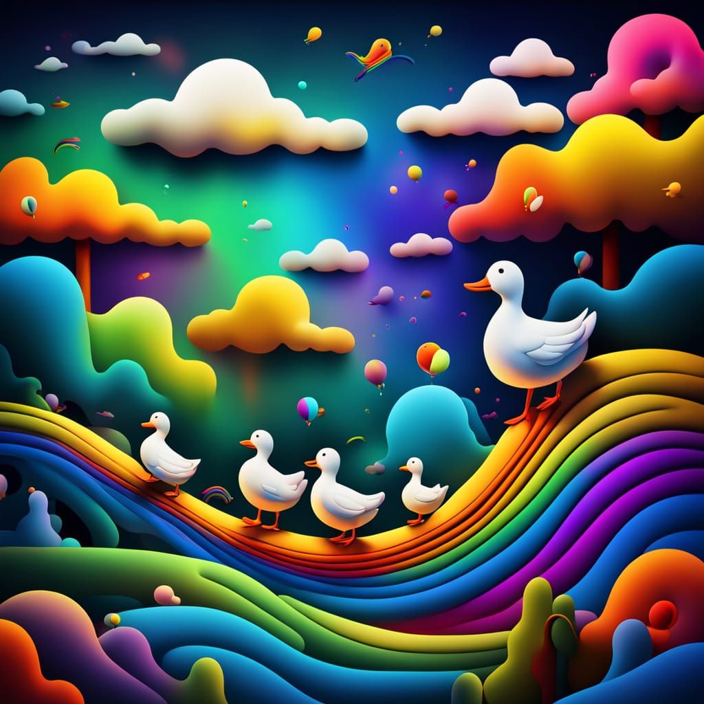 Ducks Sliding into a Surreal Rainbow World