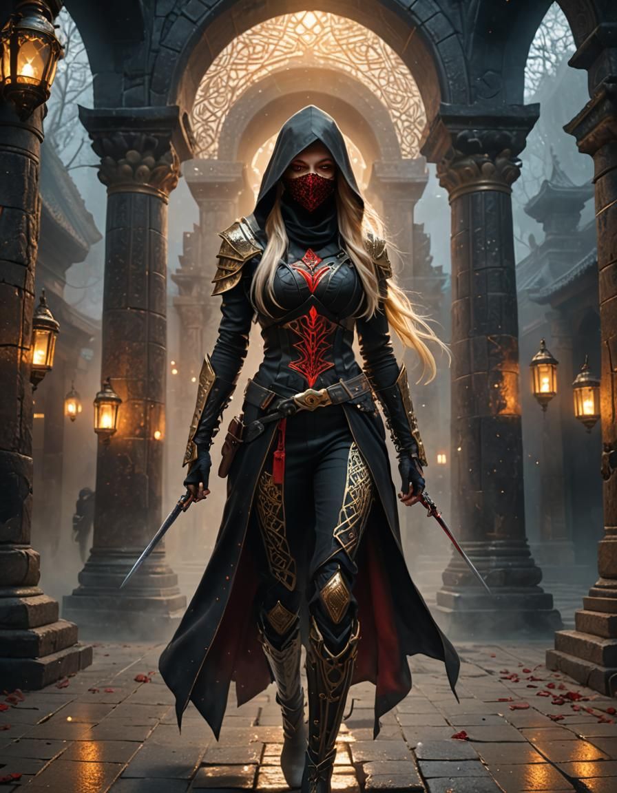 Blonde Assassin in Ancient Temple, Fantasy Concept Art