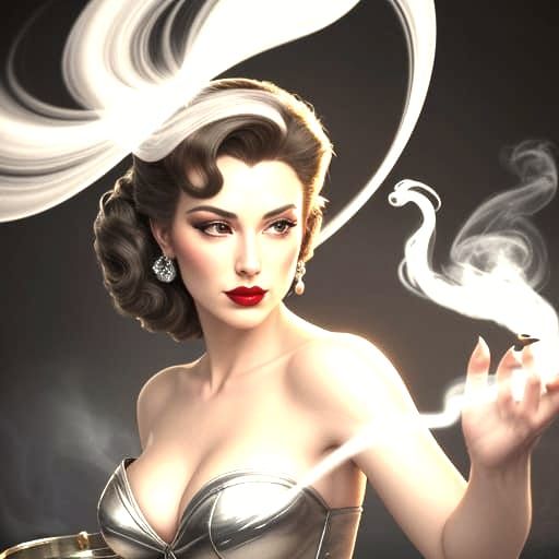 Sultry Woman Emerge from Cigar Smoke in Luxurious Setting