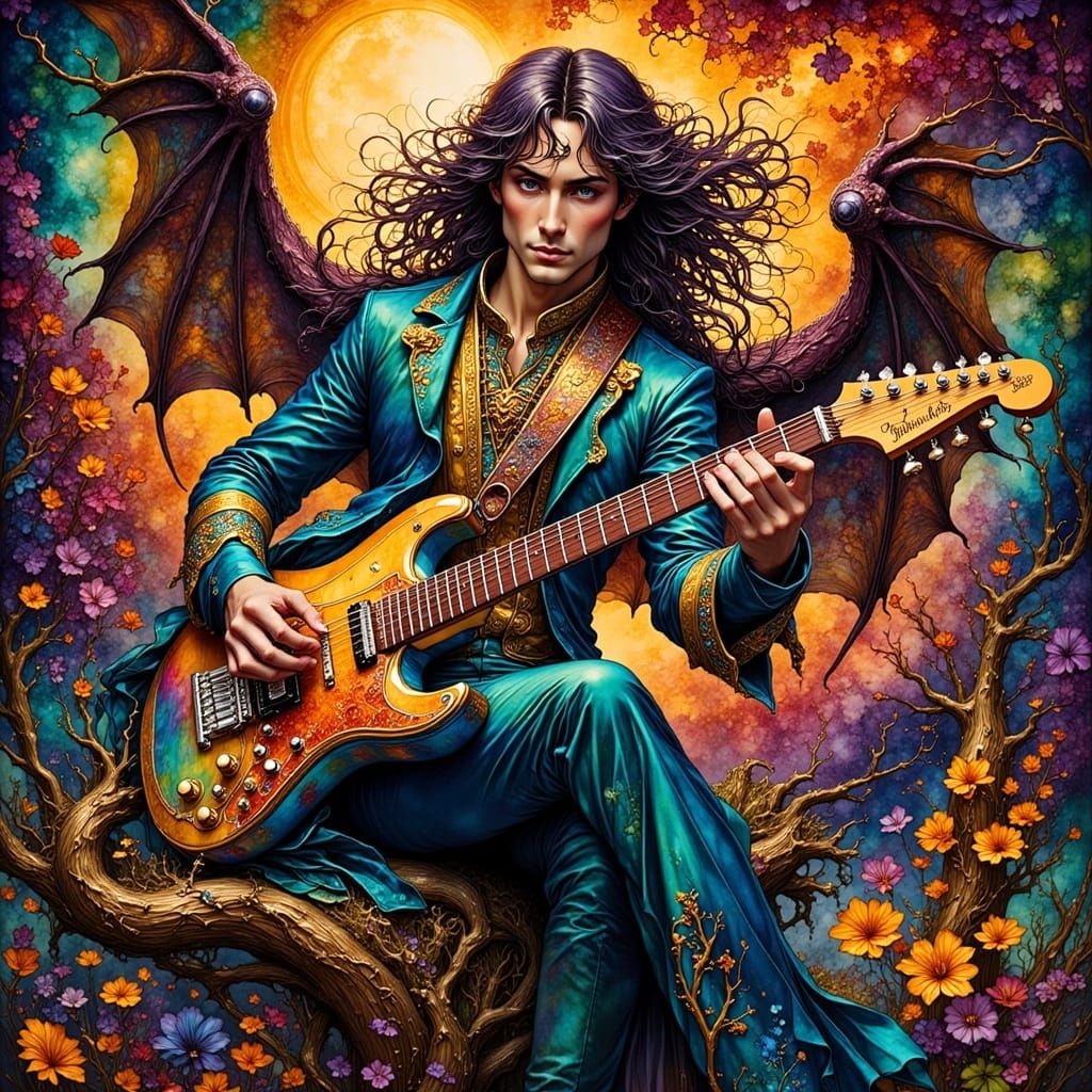Surreal Rockstar Strumming in Fantasy Ink Style