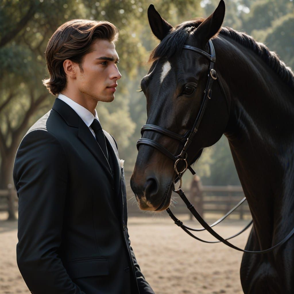 Young Aristocrat Standing Beside His Majestic Black Stallion...