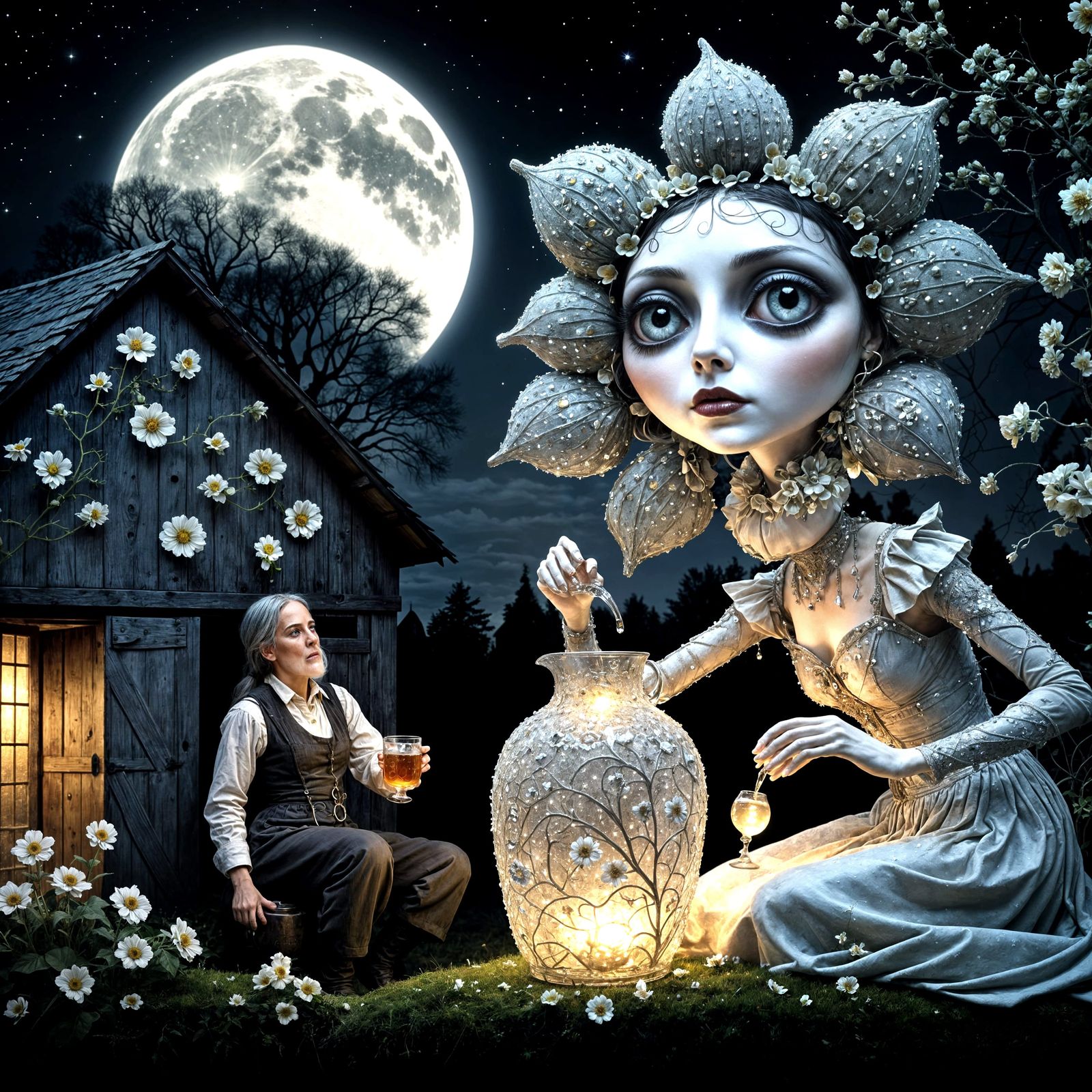 Eerie Moonlit Meeting: Art Nouveau Flower Woman