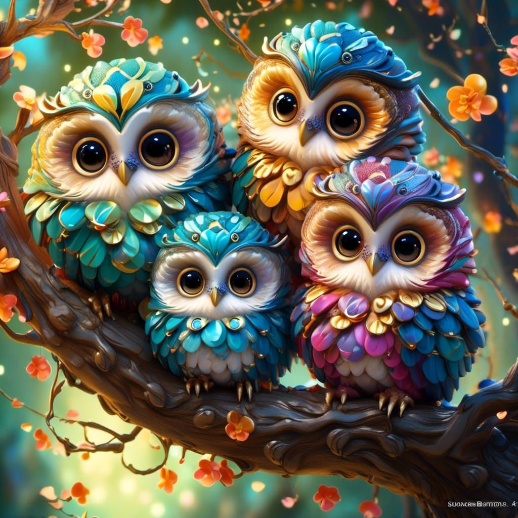 Colorful Chibi Owls in a Whimsical Forest
