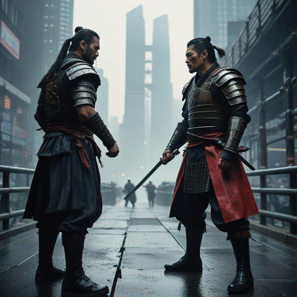 Viking Samurai Clash on Modern Bridge