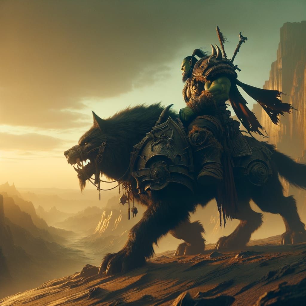 Gritty Ork Monk Rides Black Wolf in Golden Hour Light