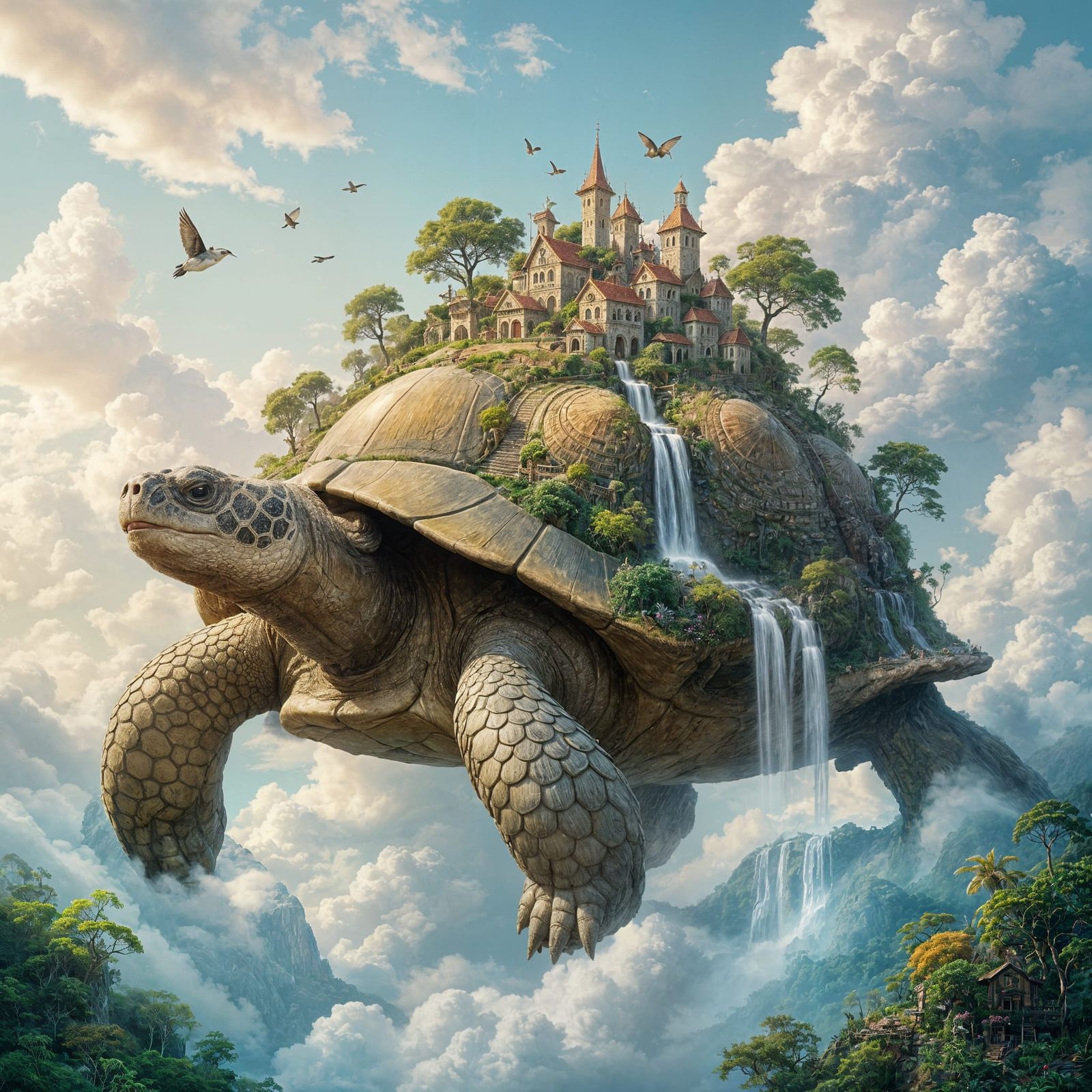 Ancient Tortoise Drifts Through Sky with Jungle Village