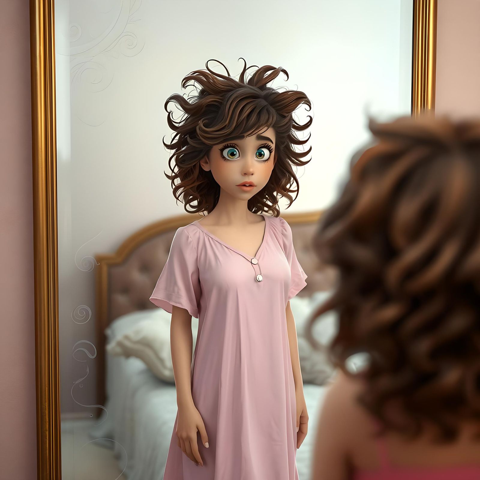 Woman's Humorous Morning Reflection in 3D Digital Art