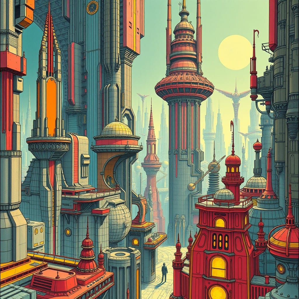 Surreal Futuristic Cityscape in Moebius Style with Intricate...