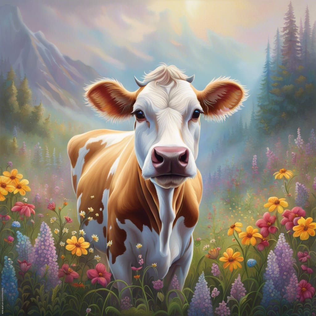 Jersey Cow in Wildflowers: Hyperdetailed Fantasy Art