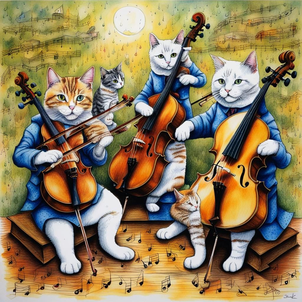Cat String Quartet in Detailed Colored Inks