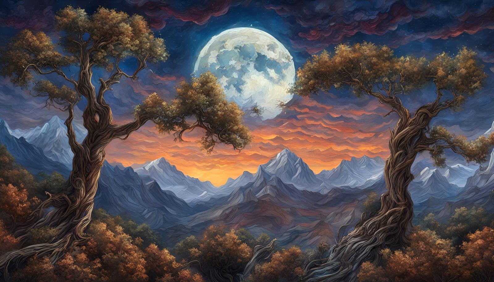 Fantastical Moonrise Over Mountain Range in Gouache Style