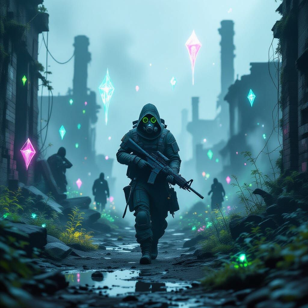 Lone Stalker in Bioluminescent Ruins