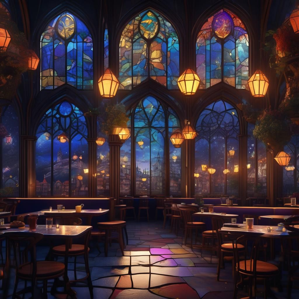 Stained-Glass Night Cafe: Detailed Fantasy Art
