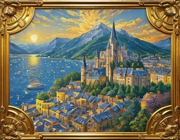 Golden Cityscape in Art Nouveau Style