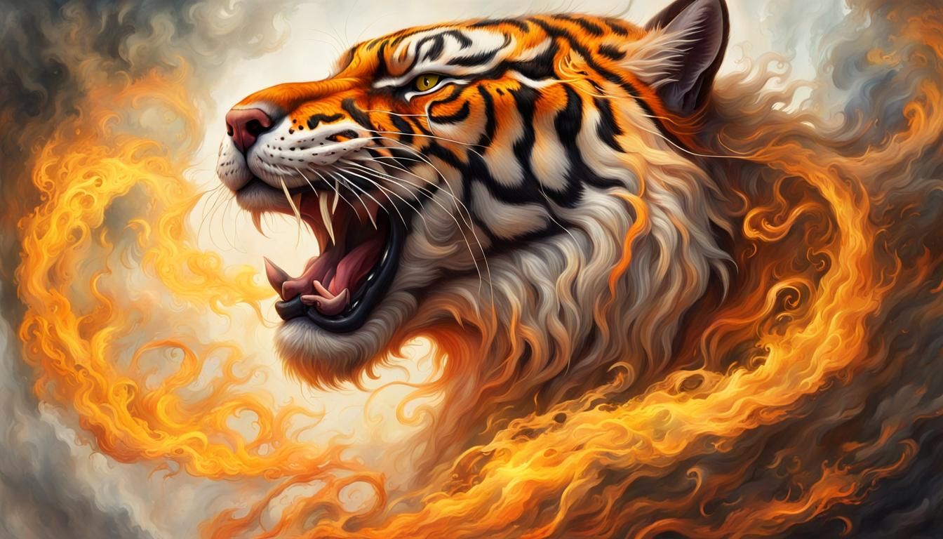Fantasy Fire Tiger Portrait in Oil Painting Style