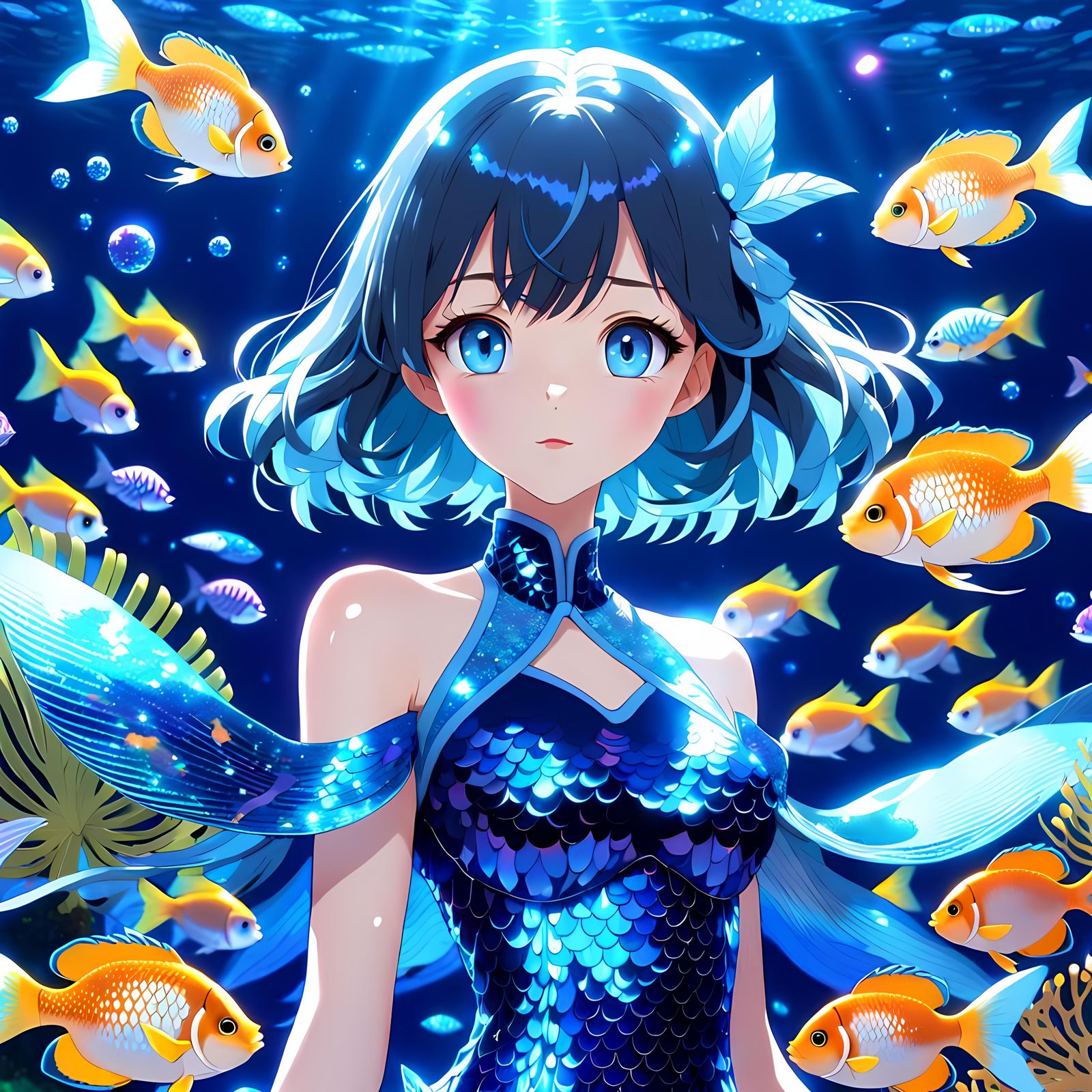 Cute Anime Girl in Underwater Kawaii Style