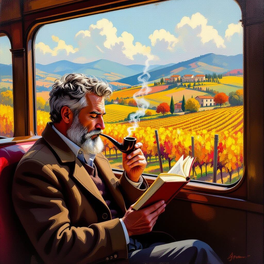 Man Reading in Autumn Train Carriage Oil Painting