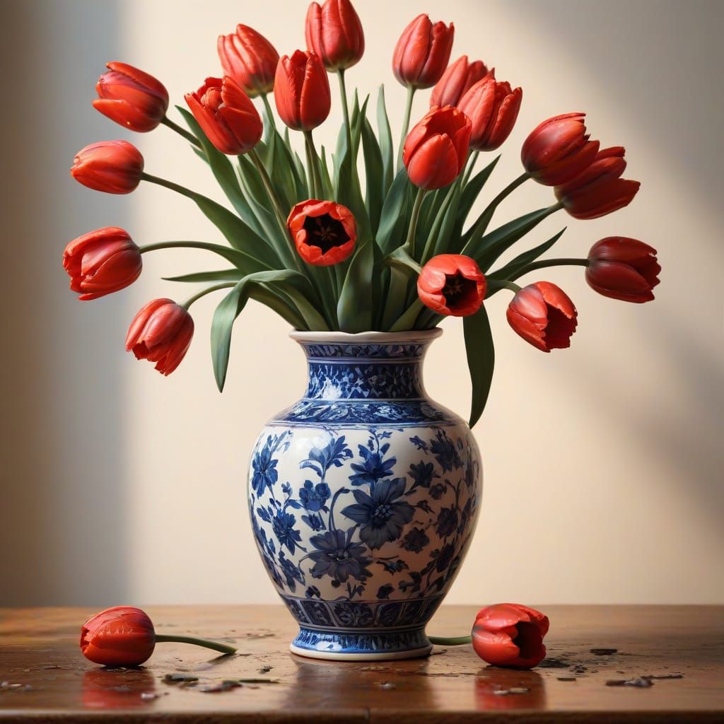Red Tulips in Blue Delft Vase: Oil Painting
