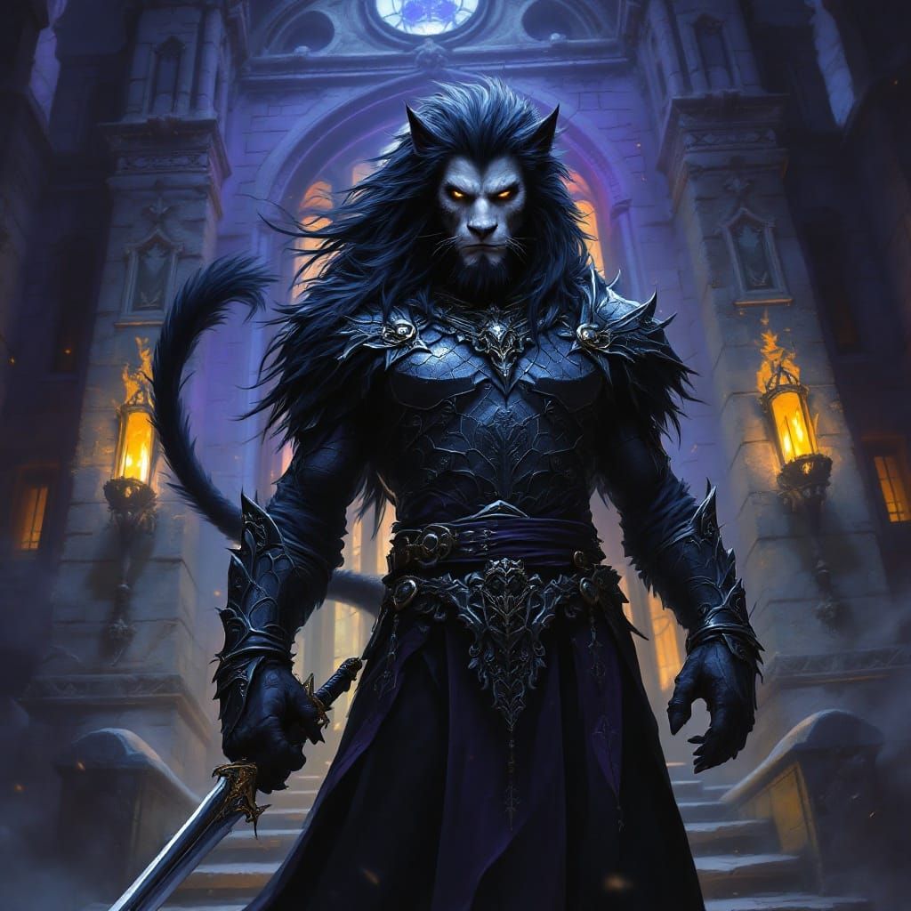 Majestic Shadow Lion Demi-Human in Regal Armor