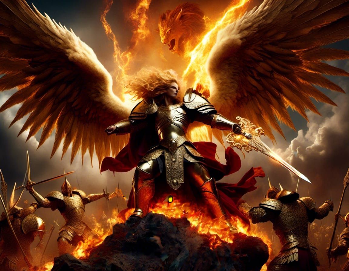 <lora:Magic Portraits :1.0> An archangel with golden wings and a armed with large claymore battling the Enemy