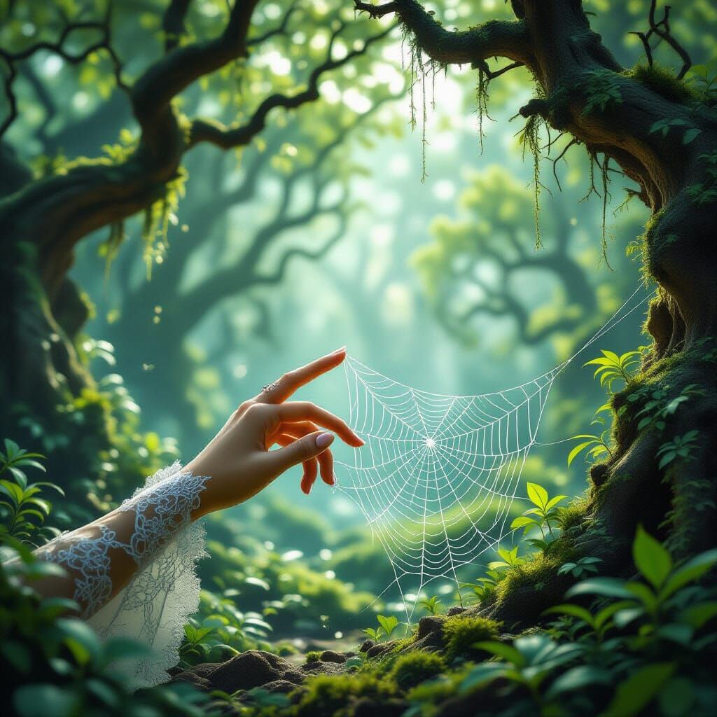 Ethereal Finger Touches Dewy Spiderweb in Mystical Forest
