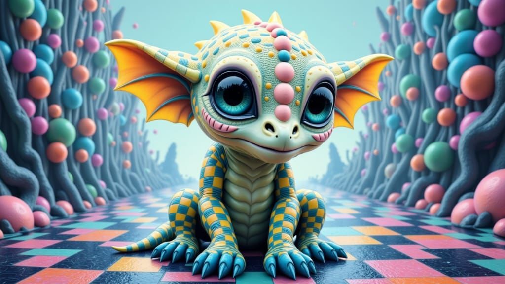 Checkerboard Dragon in Surreal Geometric Forest