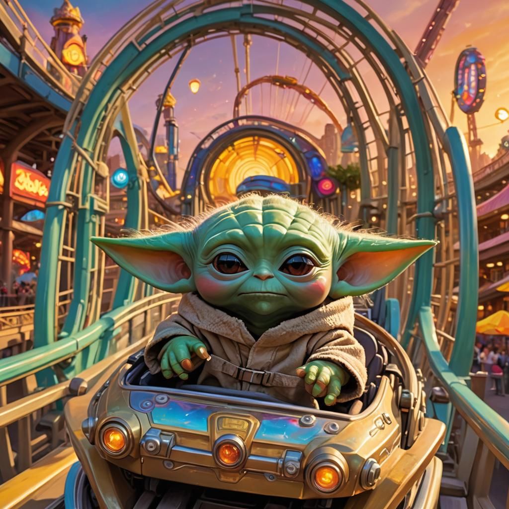 Baby Yoda riding a roller coaster.